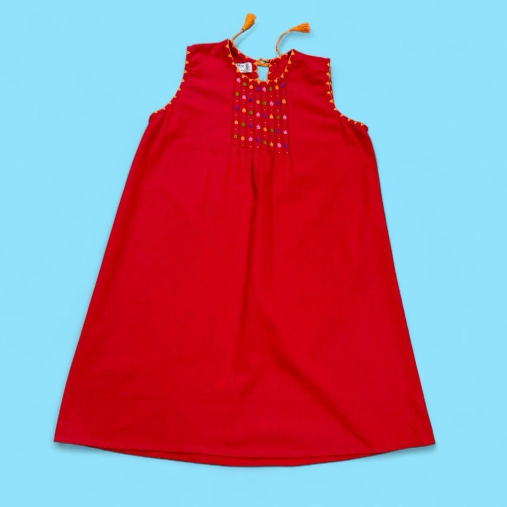 Vintage Bazarte Mexico Red Boho Folk Art Cotton Girls 12 Shift Embroidered Dress